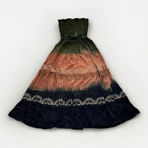 Fashion Terminal Smocked Top Dress Boho Fairy Festival Brown Orange Tie Dye
